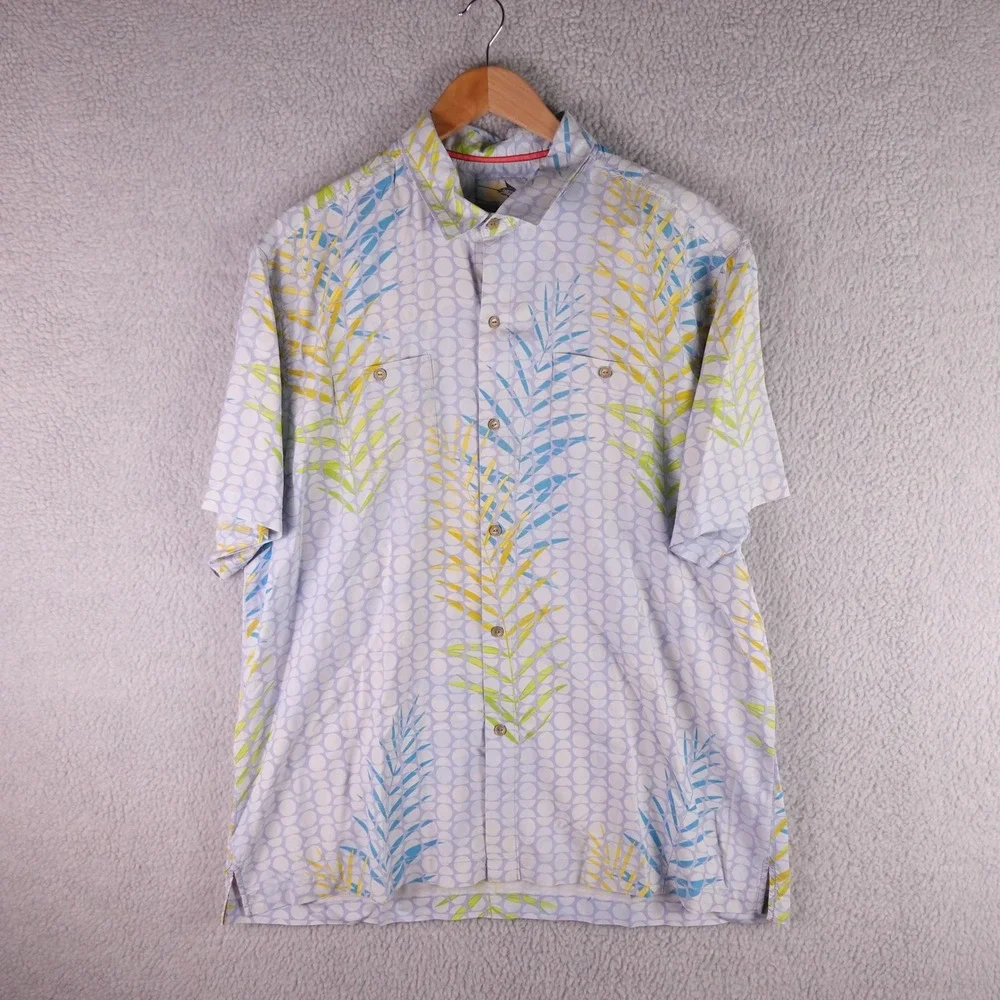Tommy Bahama Mens XL Silk Island Modern Fit Palm Geometric Print Shirt Blue